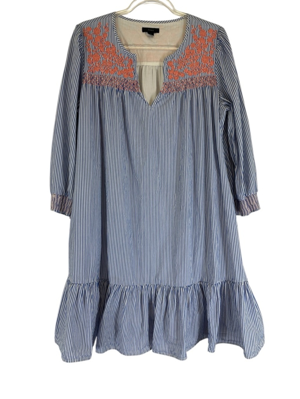 J.Crew Blue Stripe Embroidered Bodice Dress Pink Boho Peasant Midi M